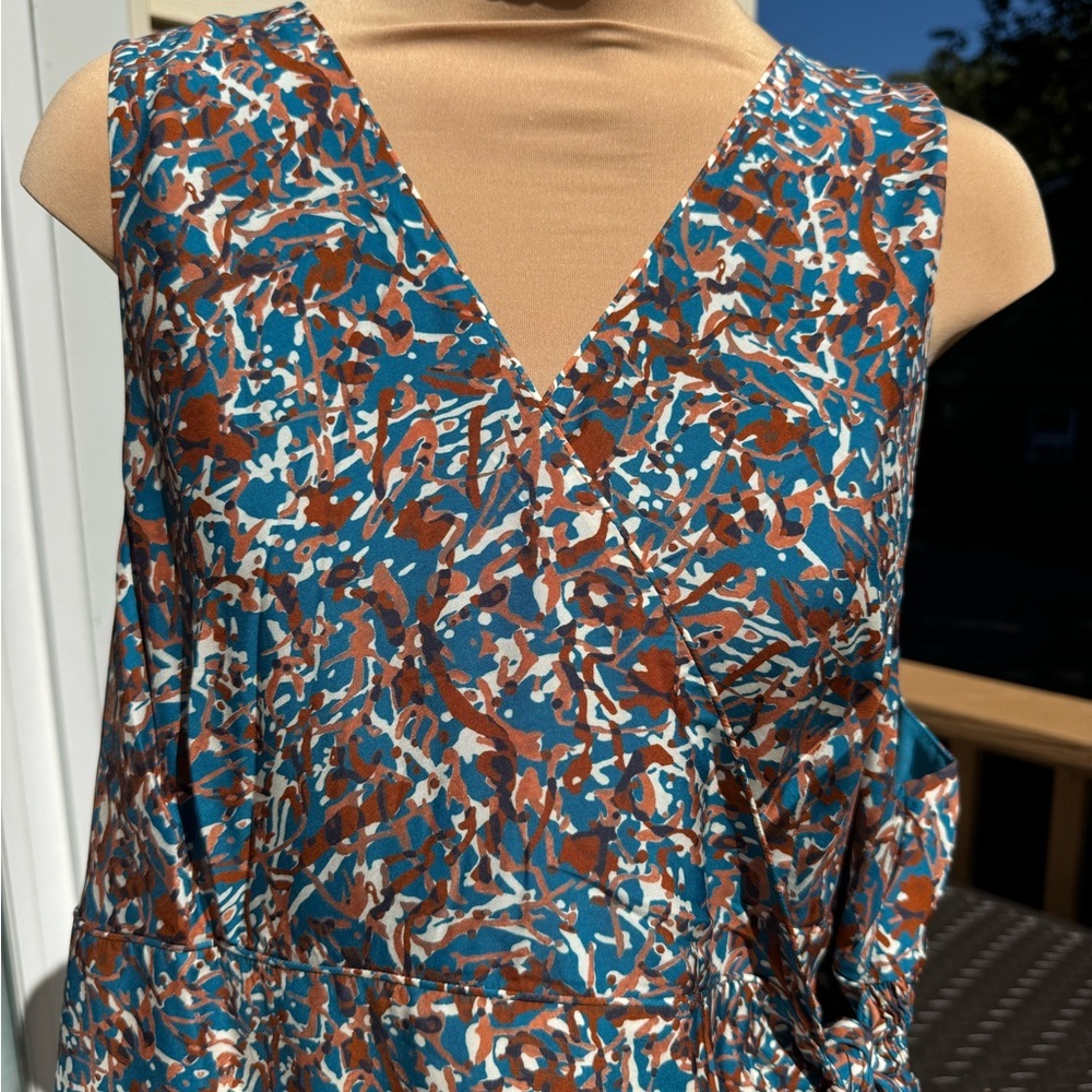 Joie Blue Rust Teal Floral Summer Spring Sleeveless Faux Wrap Dress Plus Sz 4X - Picture 4 of 15